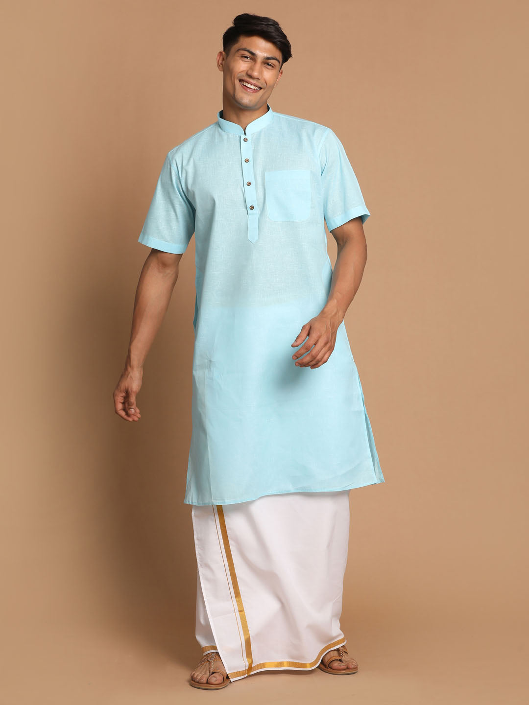 Vastramay Men's Aqua Blue Cotton Kurta And Mundu Set