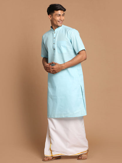 Vastramay Men's Aqua Blue Cotton Kurta And Mundu Set