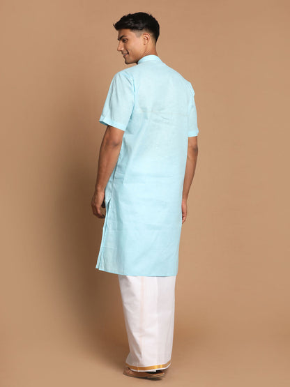 Vastramay Men's Aqua Blue Cotton Kurta And Mundu Set