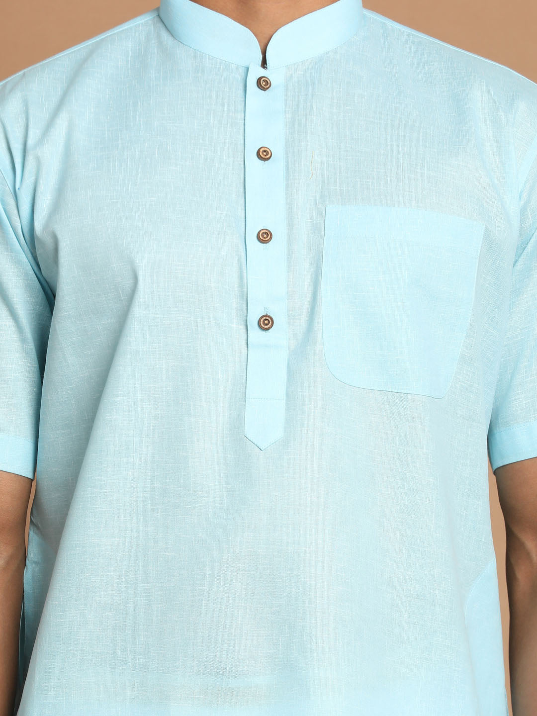 Vastramay Men's Aqua Blue Cotton Kurta And Mundu Set