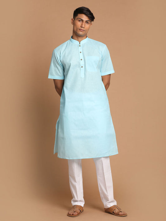 Vastramay mens aqua bule color solid kurta with white pant style cotton pyjama set