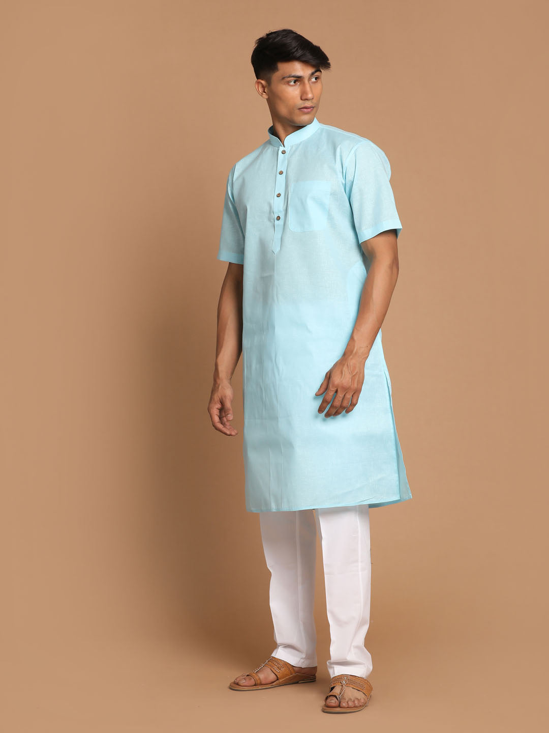 Vastramay mens aqua bule color solid kurta with white pant style cotton pyjama set