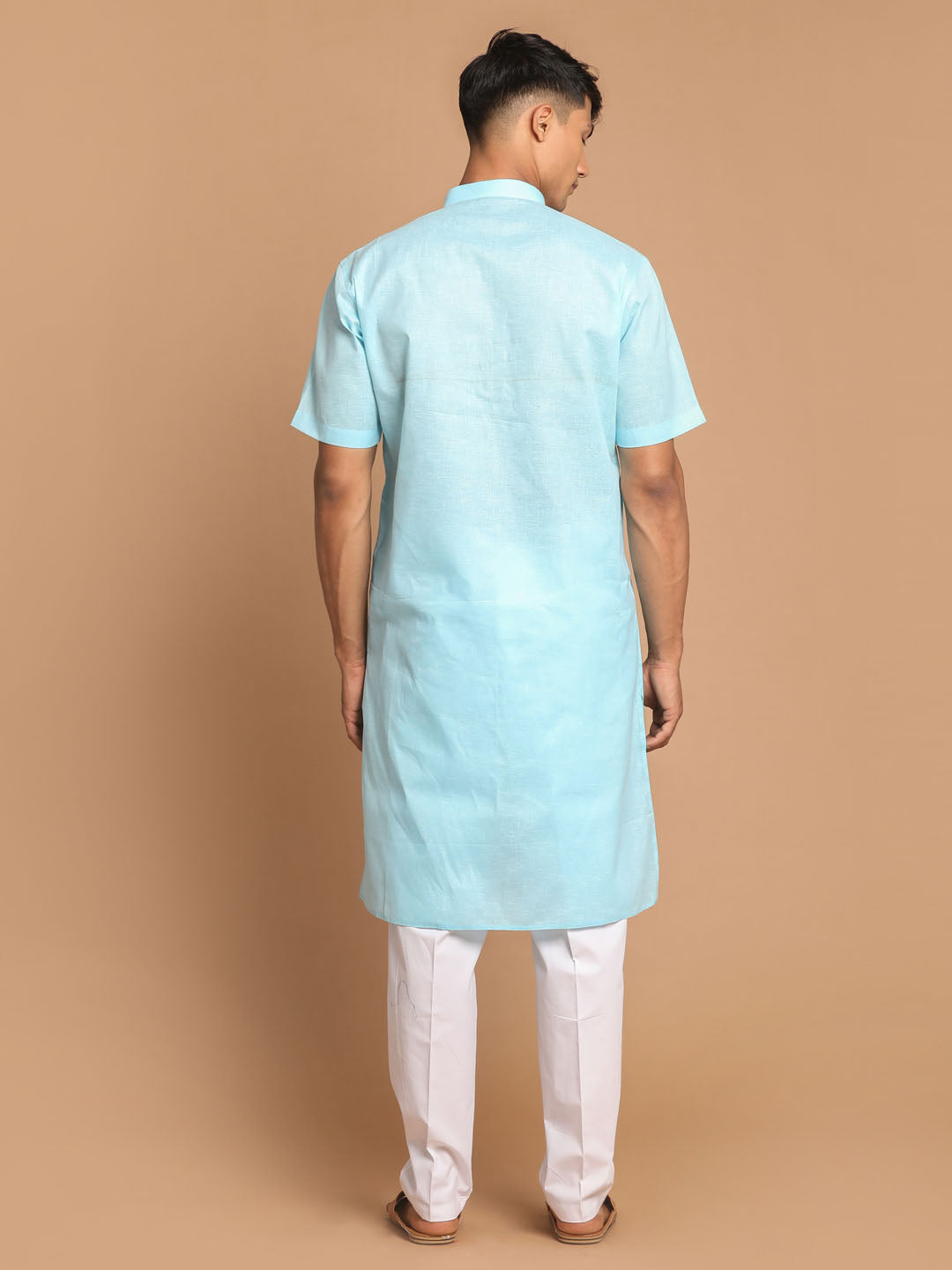 Vastramay mens aqua bule color solid kurta with white pant style cotton pyjama set