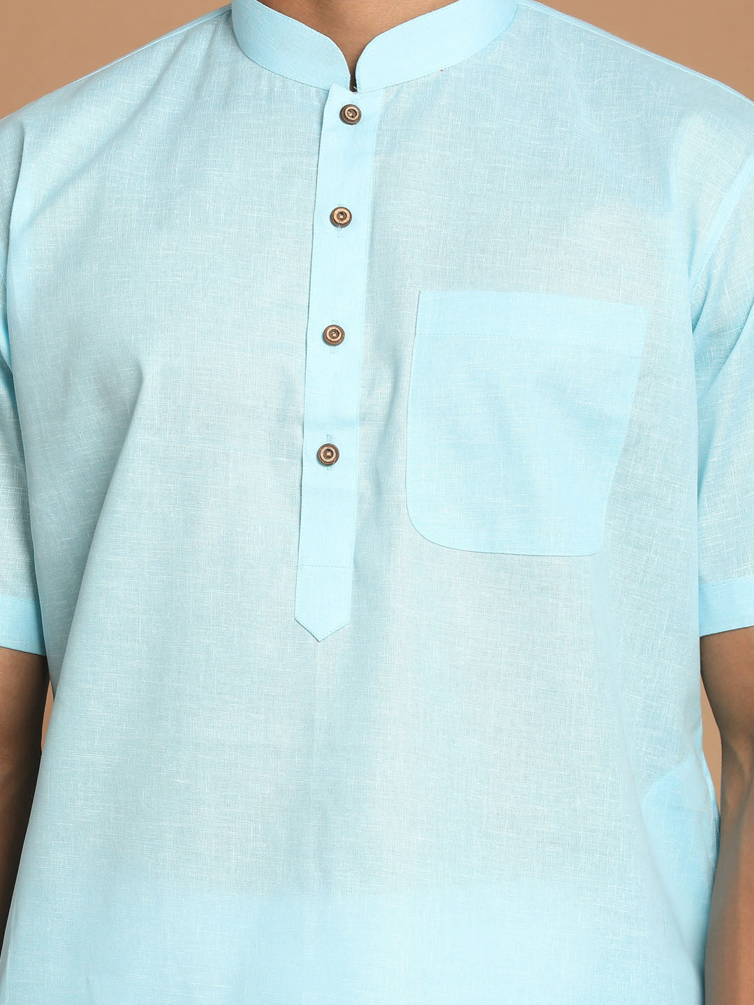 Vastramay mens aqua bule color solid kurta with white pant style cotton pyjama set