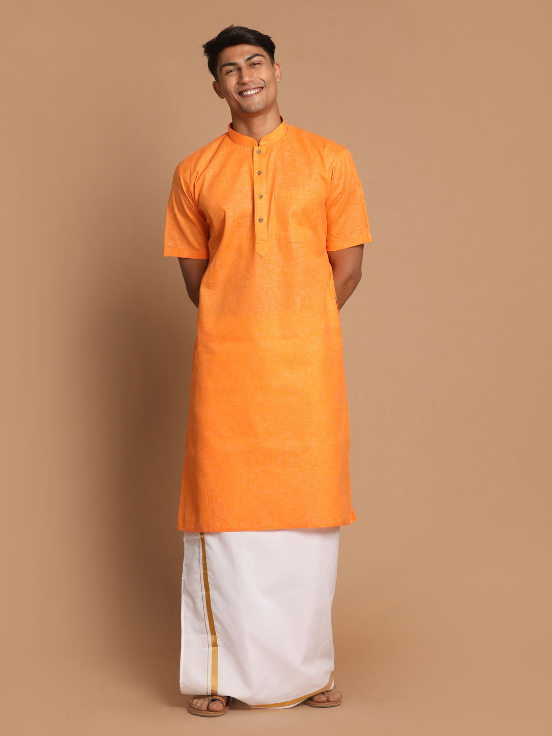 Vastramay Men's Orange Cotton Kurta And Mundu Set