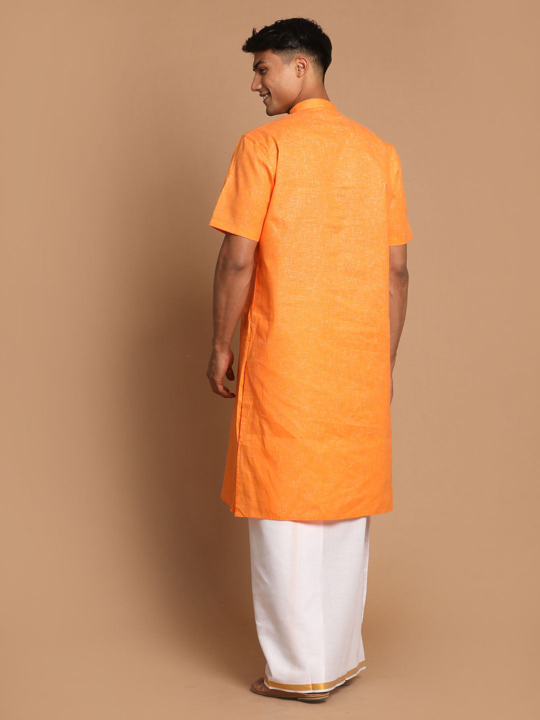 Vastramay Men's Orange Cotton Kurta And Mundu Set