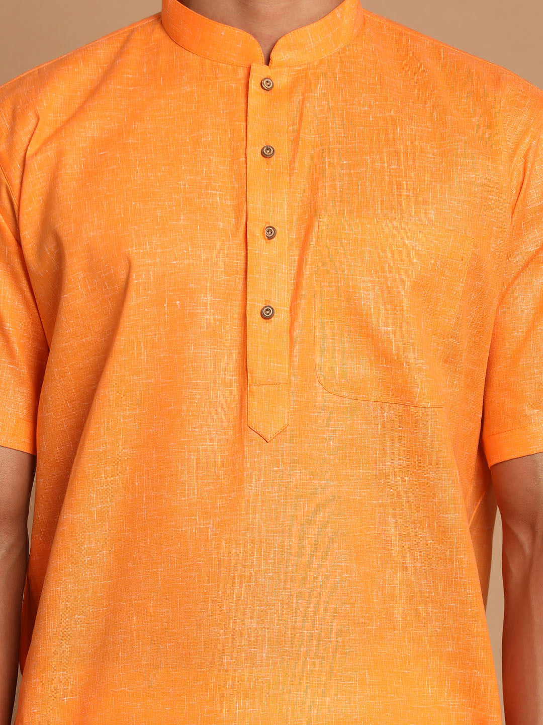 Vastramay Men's Orange Cotton Kurta And Mundu Set