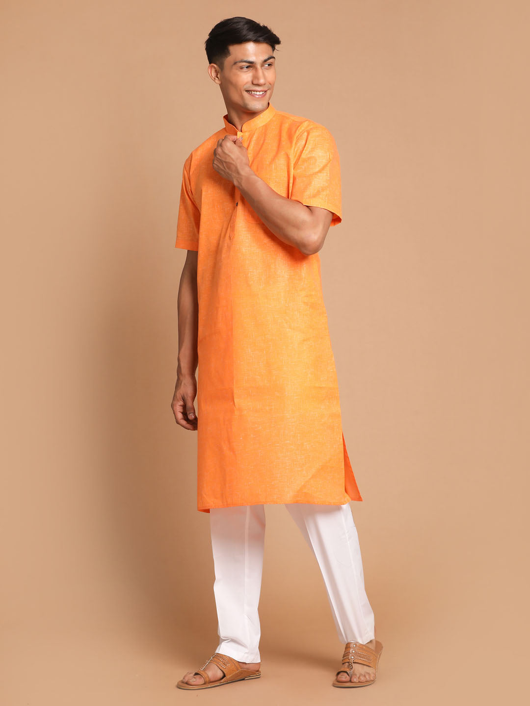 Vastramay Men's Orange Solid Kurta with White Pyjamas