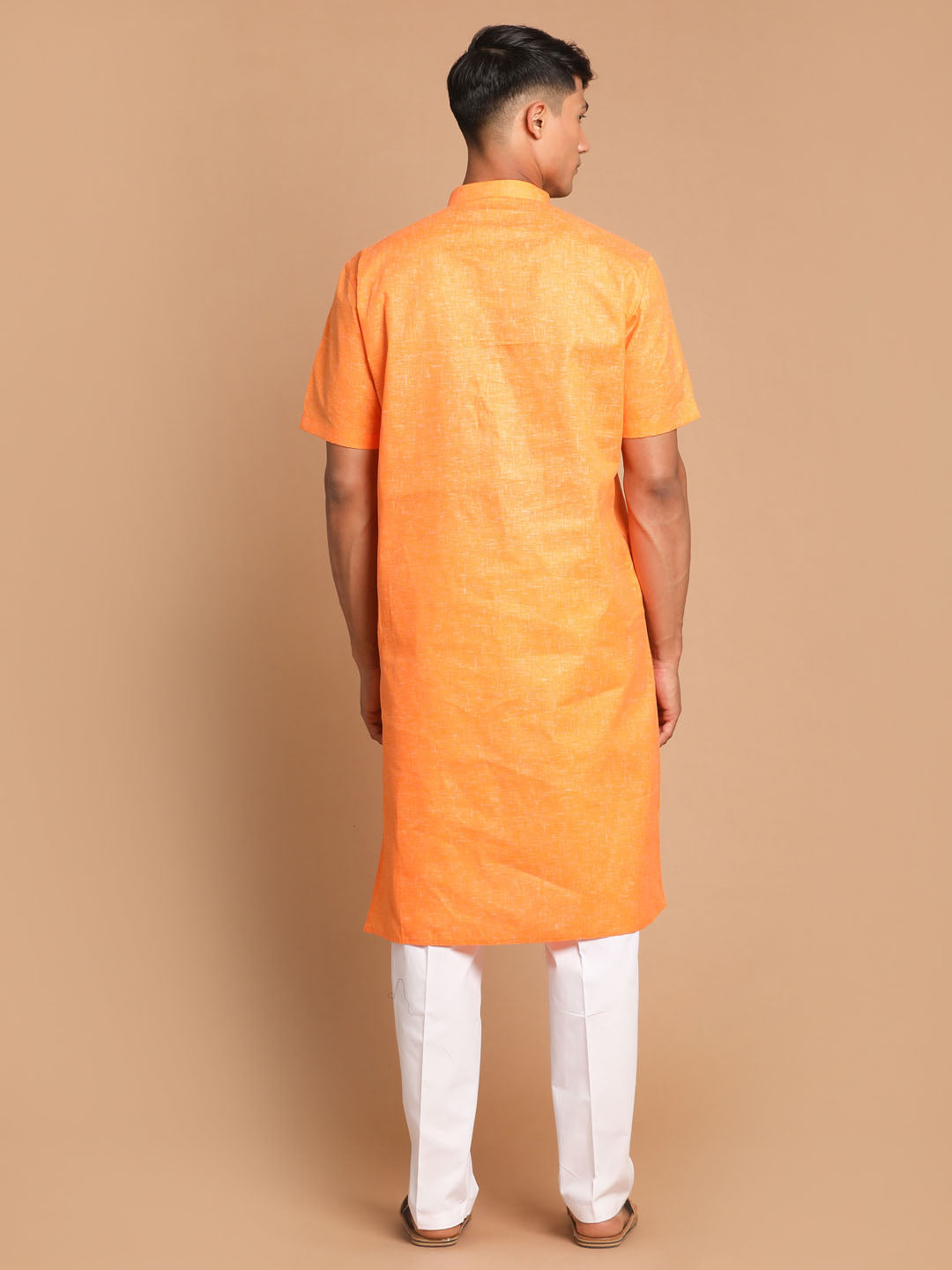 Vastramay Men's Orange Solid Kurta with White Pyjamas