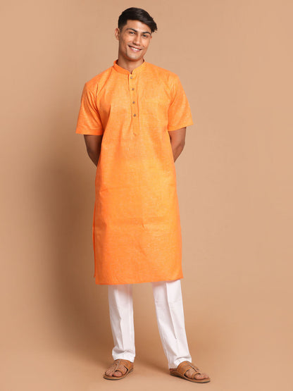 Vastramay mens orange color solid kurta with white pant style cotton pyjama set