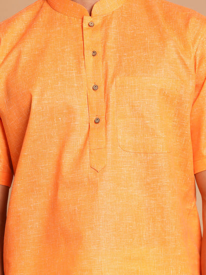 Vastramay mens orange color solid kurta with white pant style cotton pyjama set