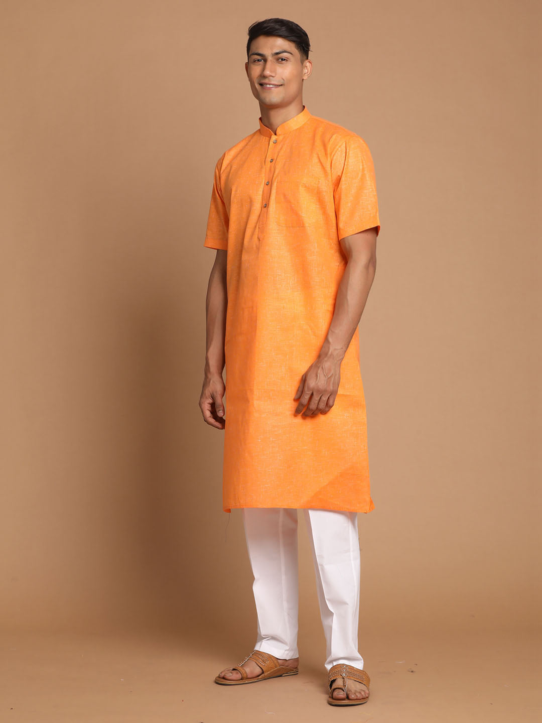 Vastramay Men's Orange Solid Kurta with White Pant style Cotton Pyjama Set