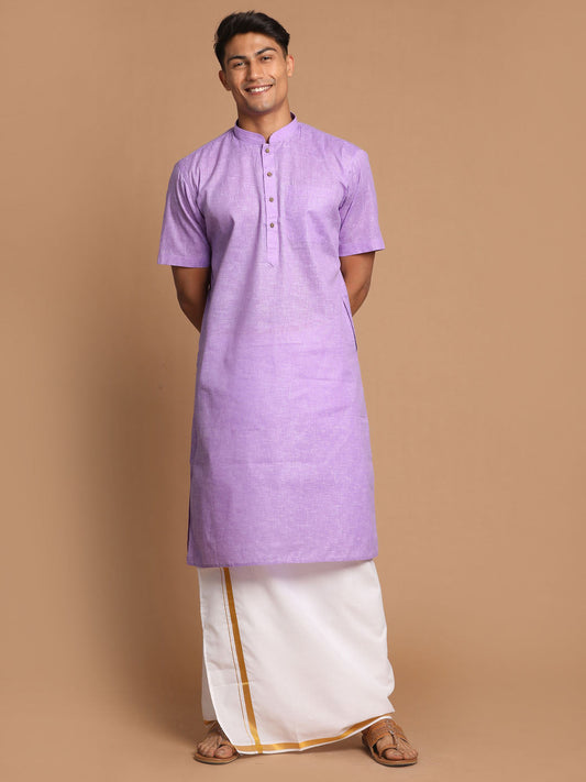 Vastramay Men's Purple Cotton Kurta And Mundu Set