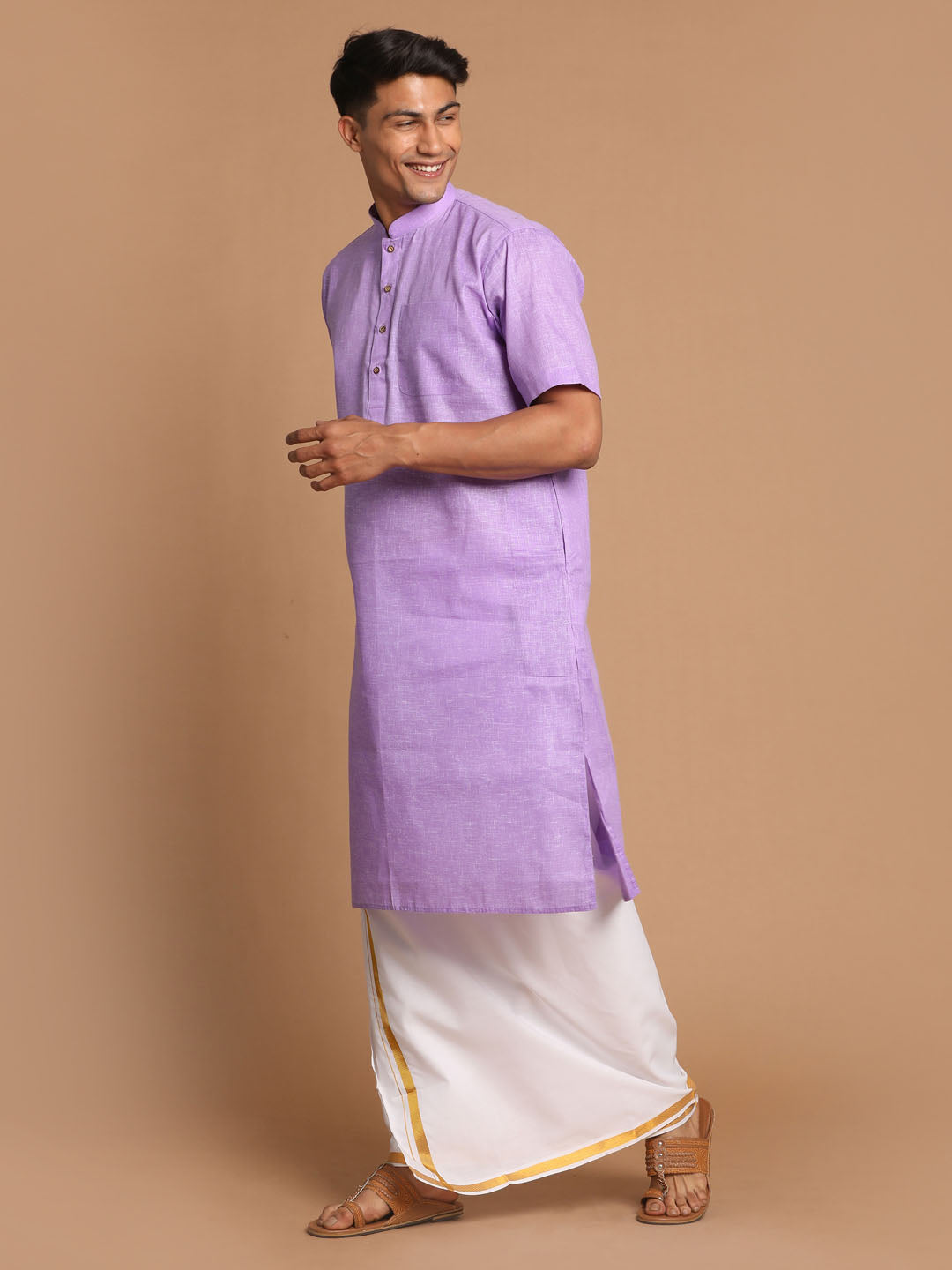 Vastramay Men's Purple Cotton Kurta And Mundu Set