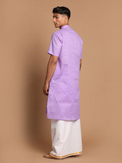 Vastramay Men's Purple Cotton Kurta And Mundu Set