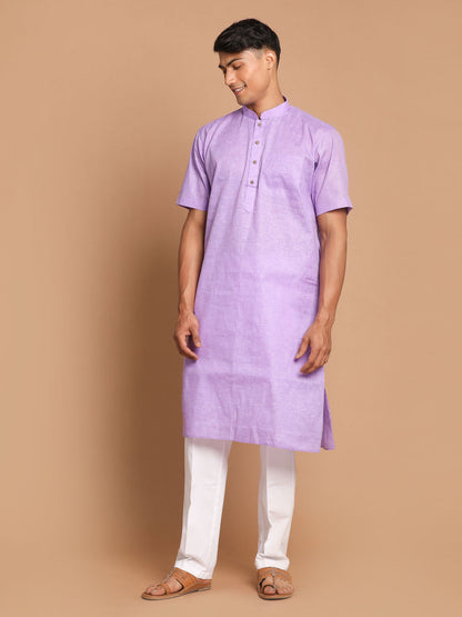 Vastramay mens purple color solid kurta with white pant style cotton pyjama set 1