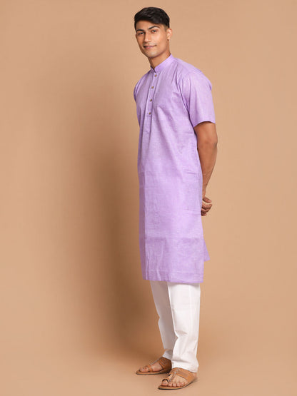 Vastramay mens purple color solid kurta with white pant style cotton pyjama set 1