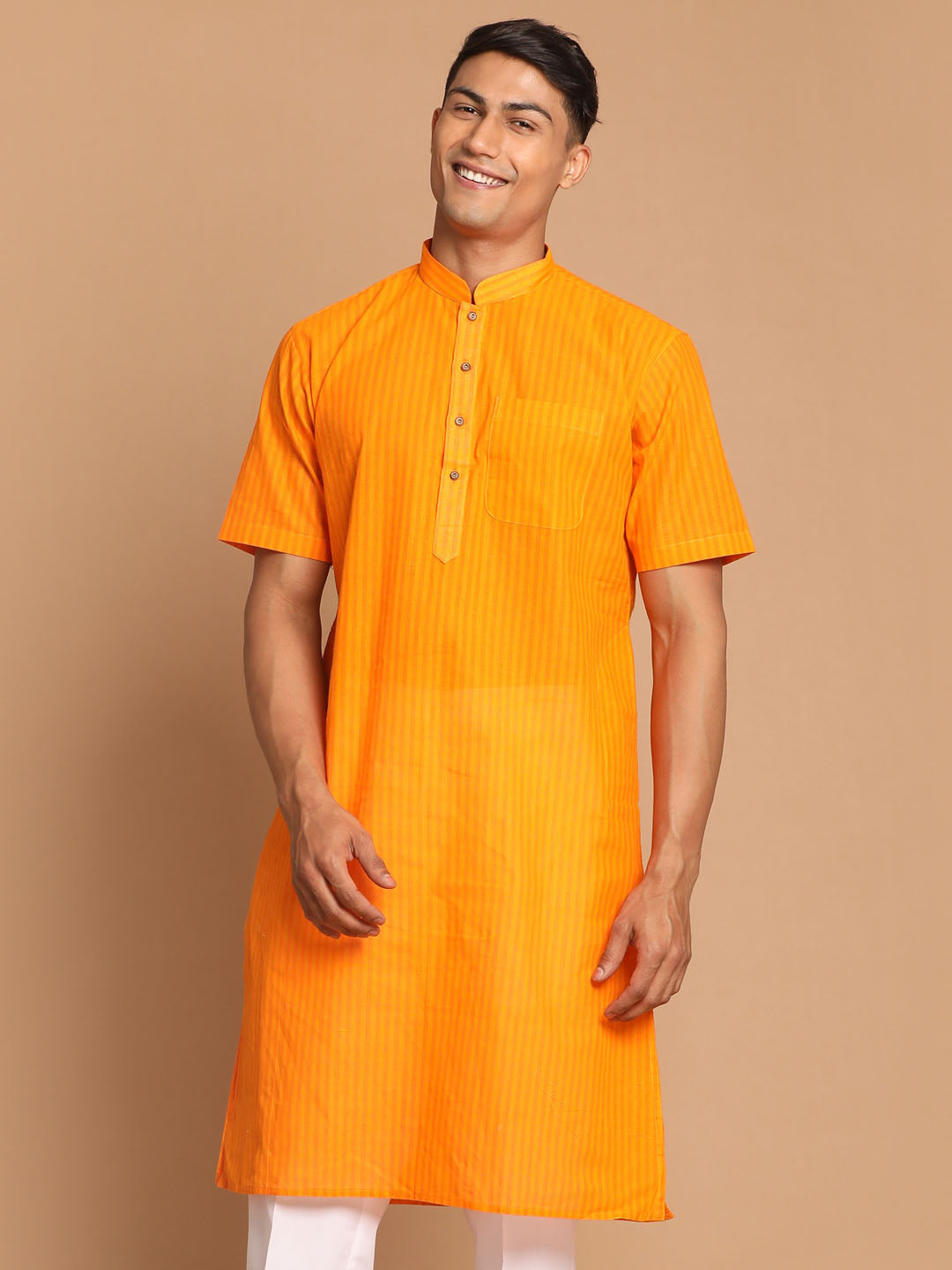 Vastramay Men's Orange Striped Kurta