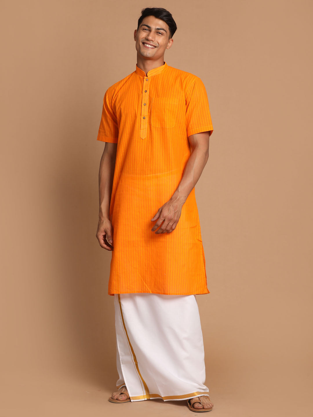 Vastramay Men's Orange Striped Cotton Kurta And Mundu Set