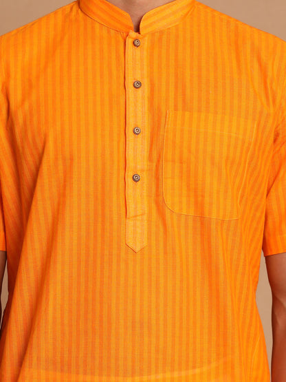 Vastramay Men's Orange Striped Cotton Kurta And Mundu Set