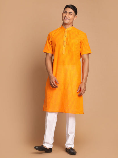 Vastramay mens orange color solid kurta with white pant style cotton pyjama set 1