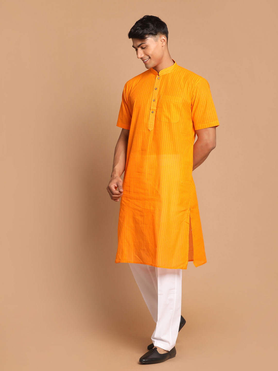 Vastramay mens orange color solid kurta with white pant style cotton pyjama set 1