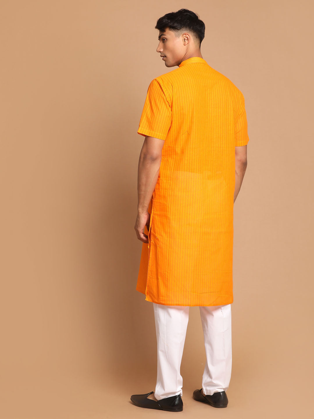 Vastramay mens orange color solid kurta with white pant style cotton pyjama set 1