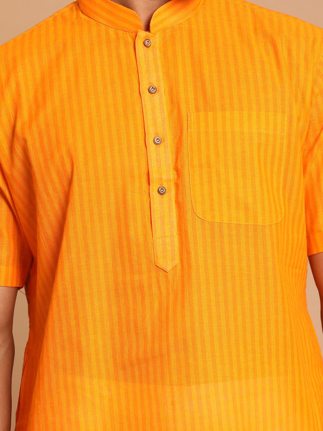 Vastramay mens orange color solid kurta with white pant style cotton pyjama set 1