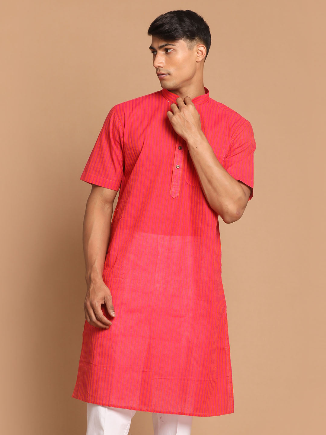 Vastramay Men's Pink Color Striped Kurta