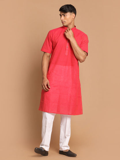 Vastramay Men's Pink Striped Cotton Kurta With White Pyjama Set