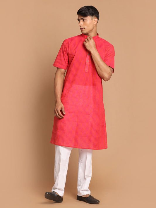 Vastramay mens pink color solid kurta with white pant style cotton pyjama set