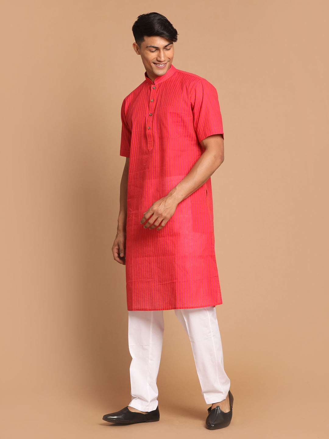 Vastramay mens pink color solid kurta with white pant style cotton pyjama set