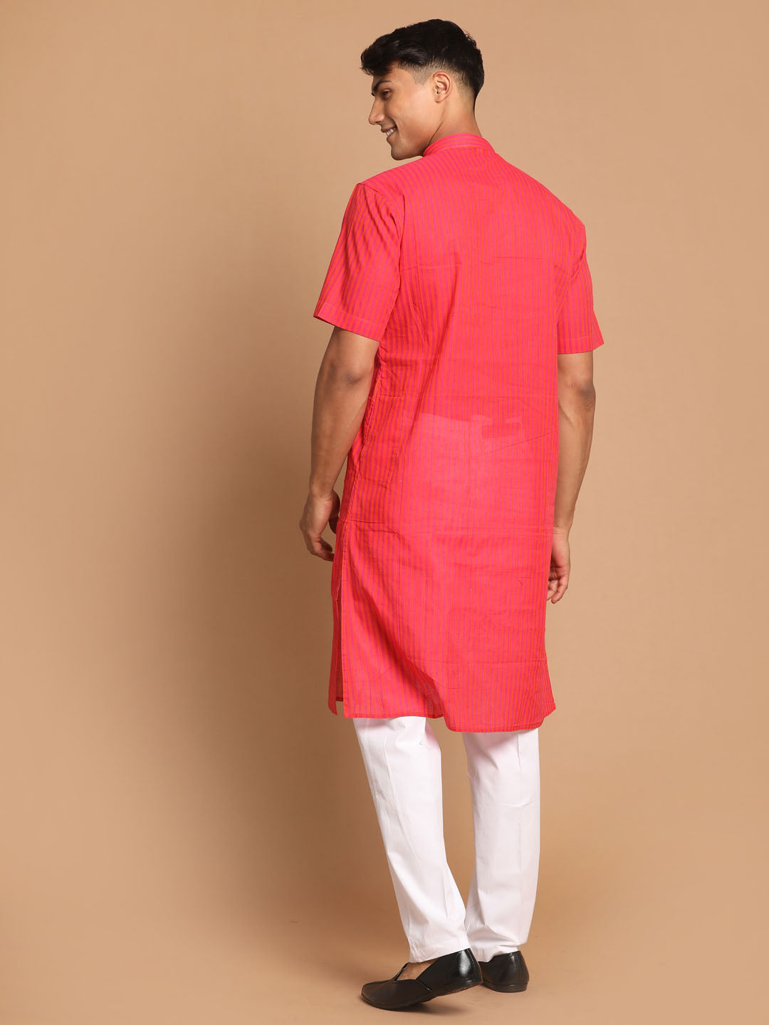 Vastramay mens pink color solid kurta with white pant style cotton pyjama set