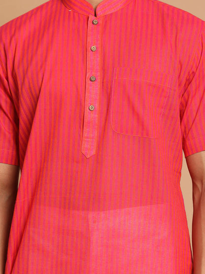 Vastramay mens pink color solid kurta with white pant style cotton pyjama set