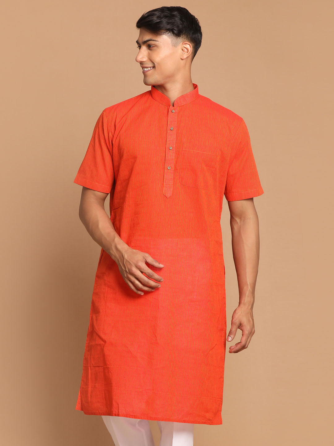 Vastramay Men's Orange Striped Pure Cotton Kurta