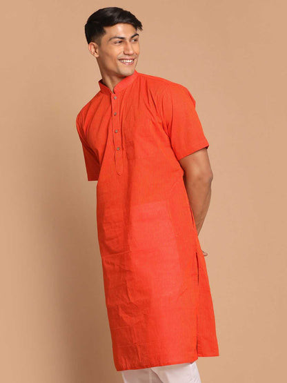 Vastramay Men's Orange Striped Pure Cotton Kurta