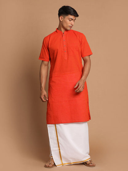 Vastramay Men's Orange Pure Cotton Striped Kurta And Mundu Set