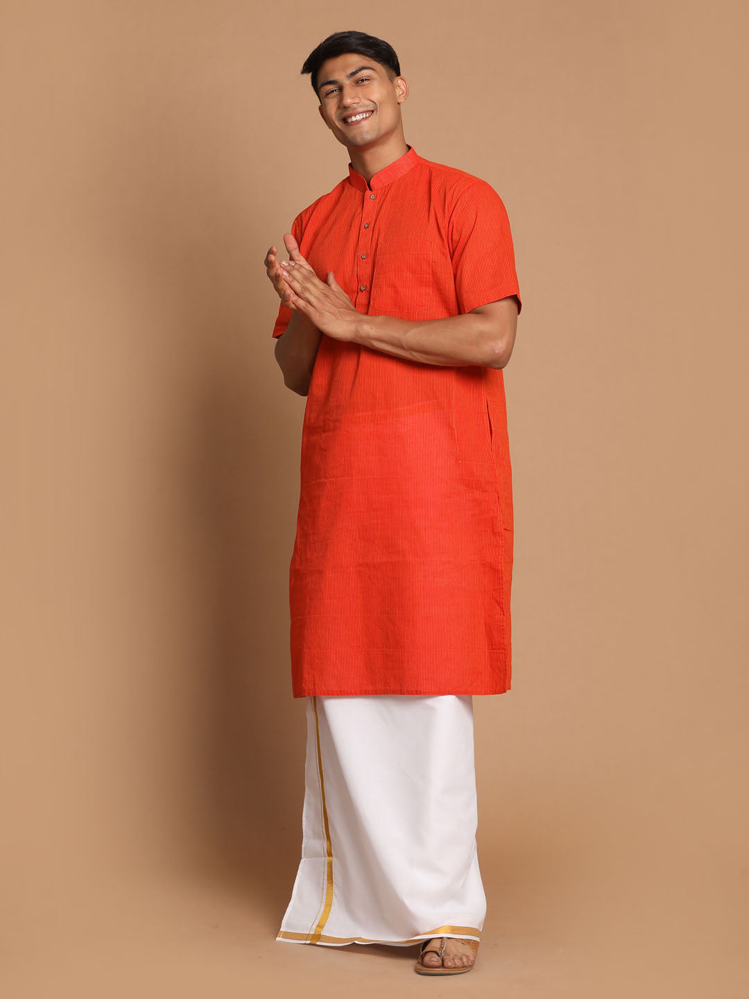 Vastramay Men's Orange Pure Cotton Striped Kurta And Mundu Set