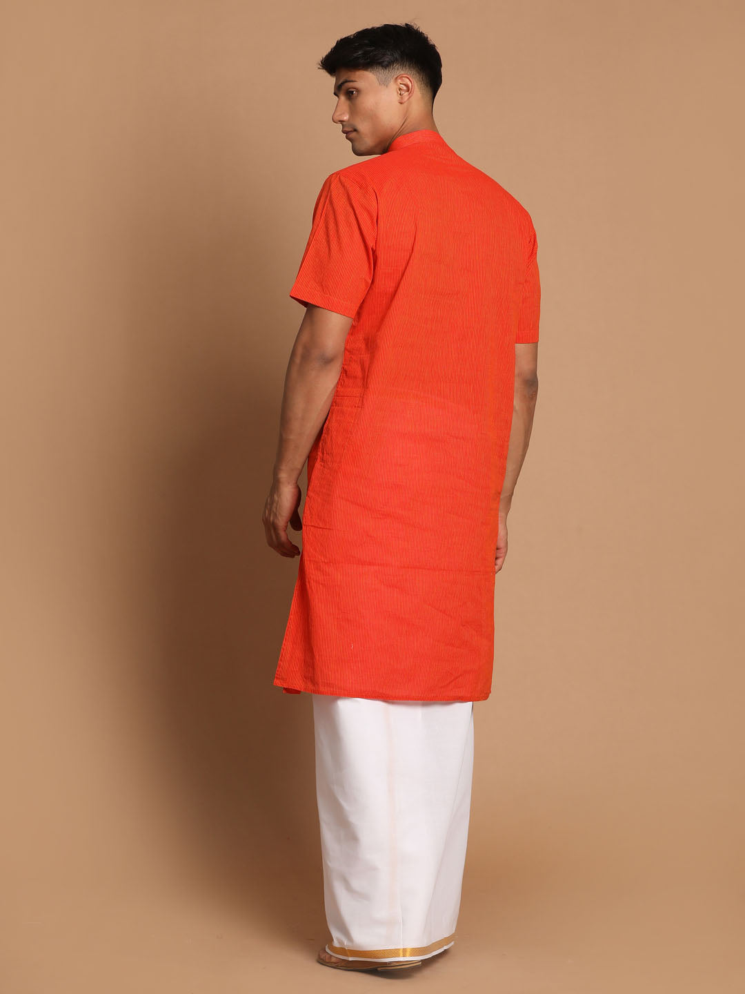 Vastramay Men's Orange Pure Cotton Striped Kurta And Mundu Set