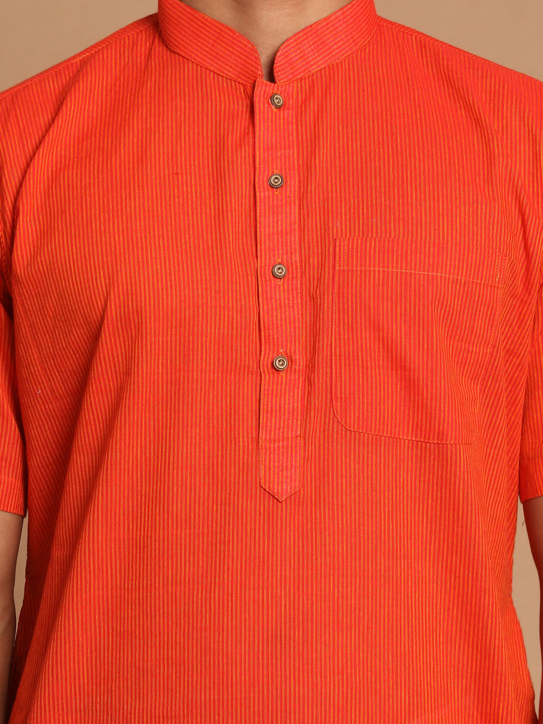 Vastramay Men's Orange Pure Cotton Striped Kurta And Mundu Set