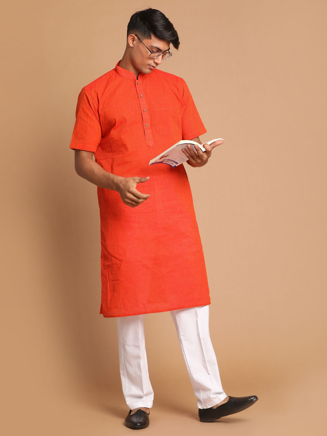 Vastramay mens orange color striped kurta with white pant style cotton pyjama set