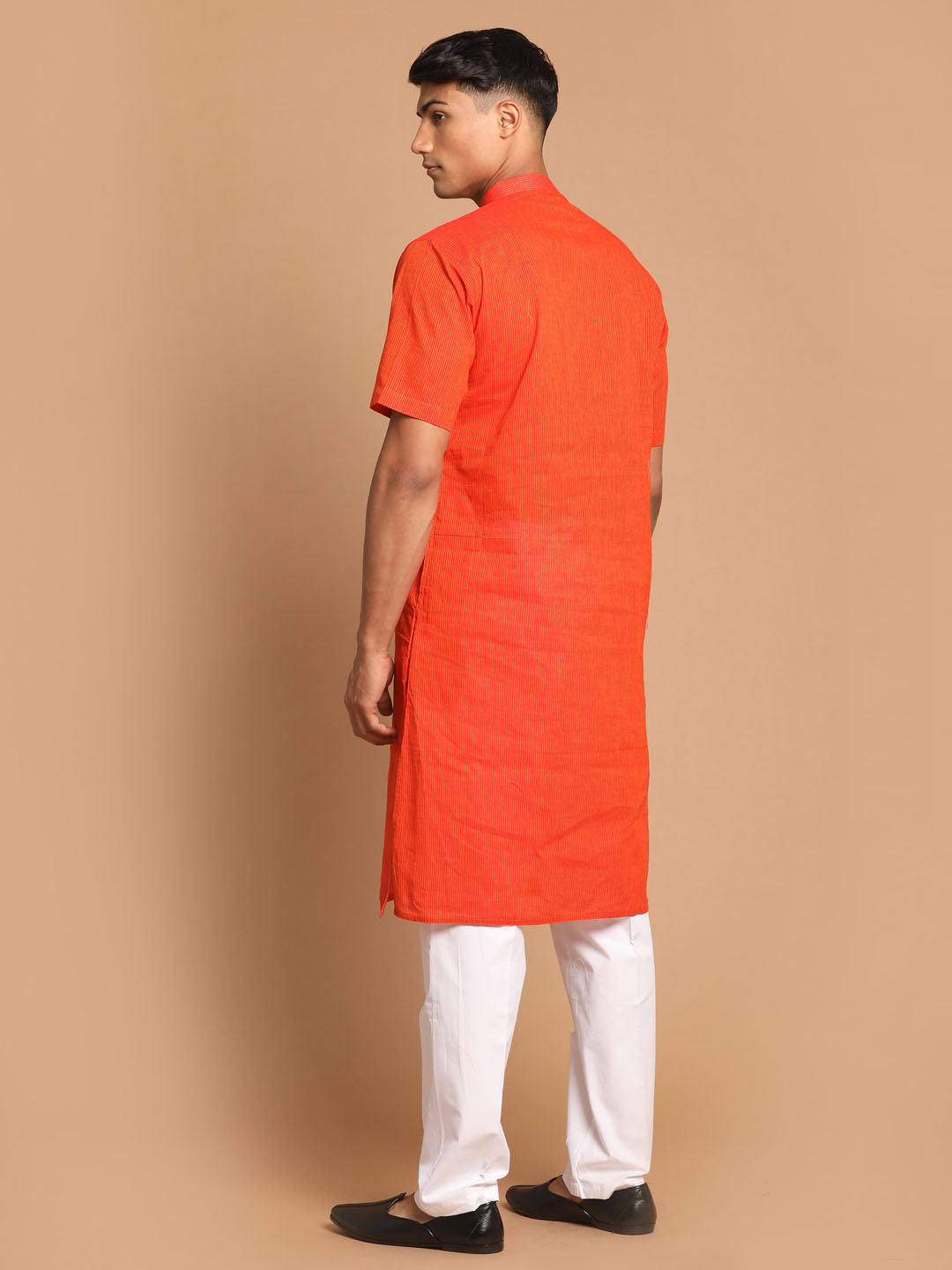 Vastramay mens orange color striped kurta with white pant style cotton pyjama set