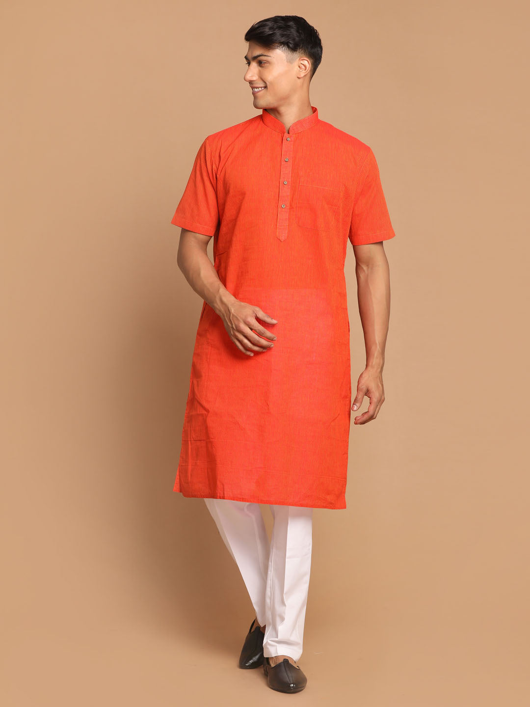 Vastramay mens orange striped kurta with white pant style cotton pyjama set 1