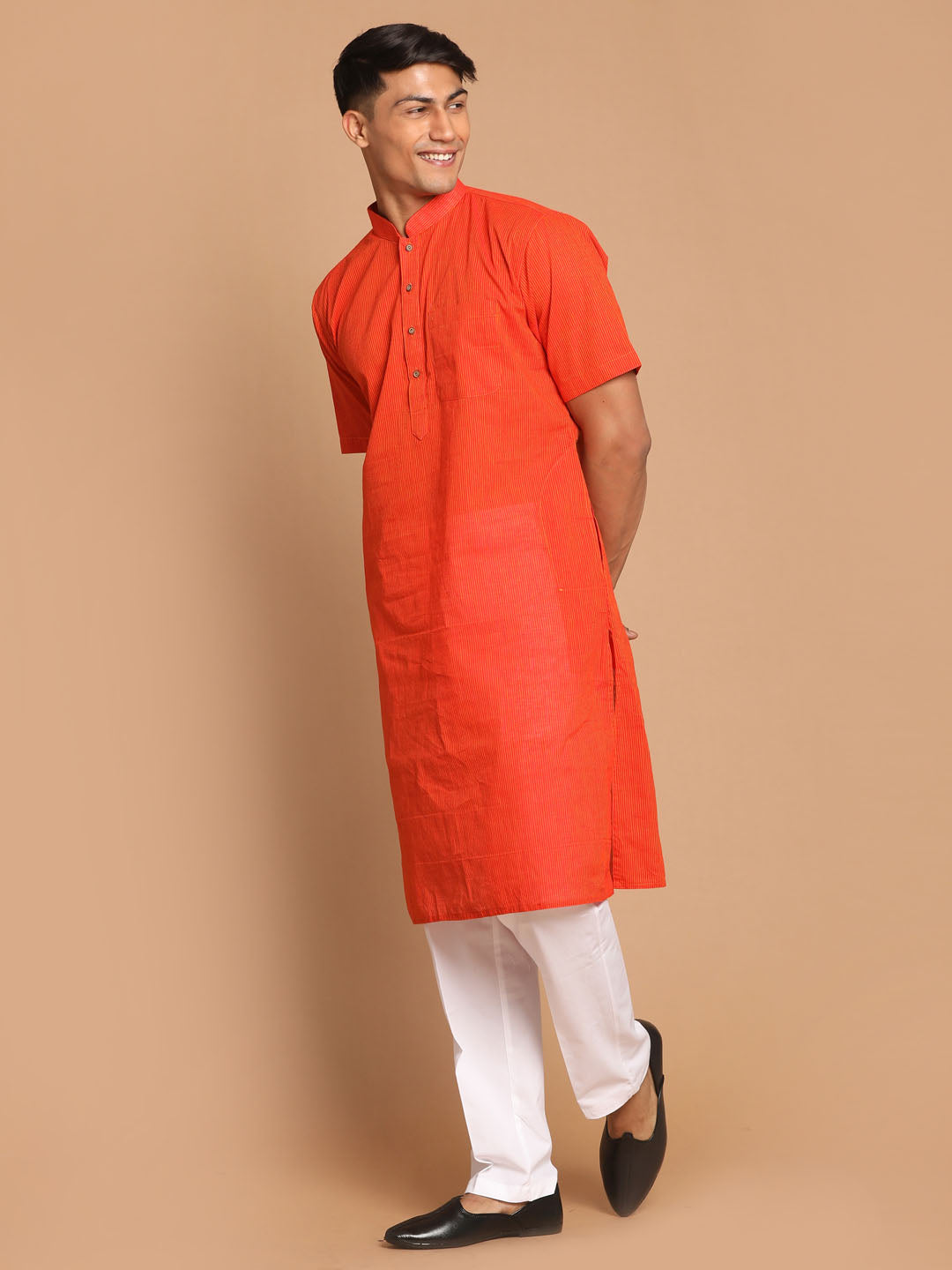 Vastramay mens orange striped kurta with white pant style cotton pyjama set 1