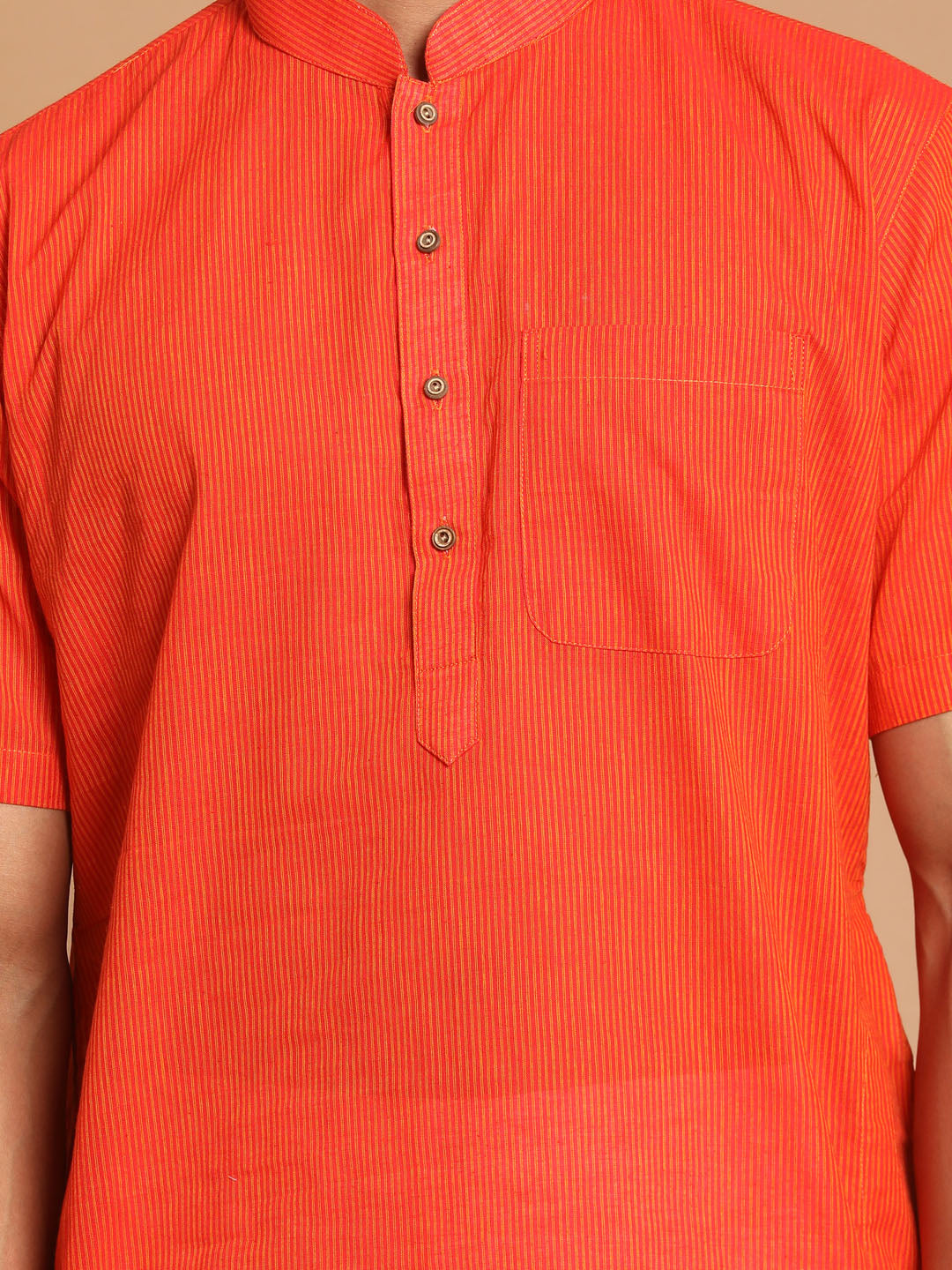 Vastramay mens orange striped kurta with white pant style cotton pyjama set 1