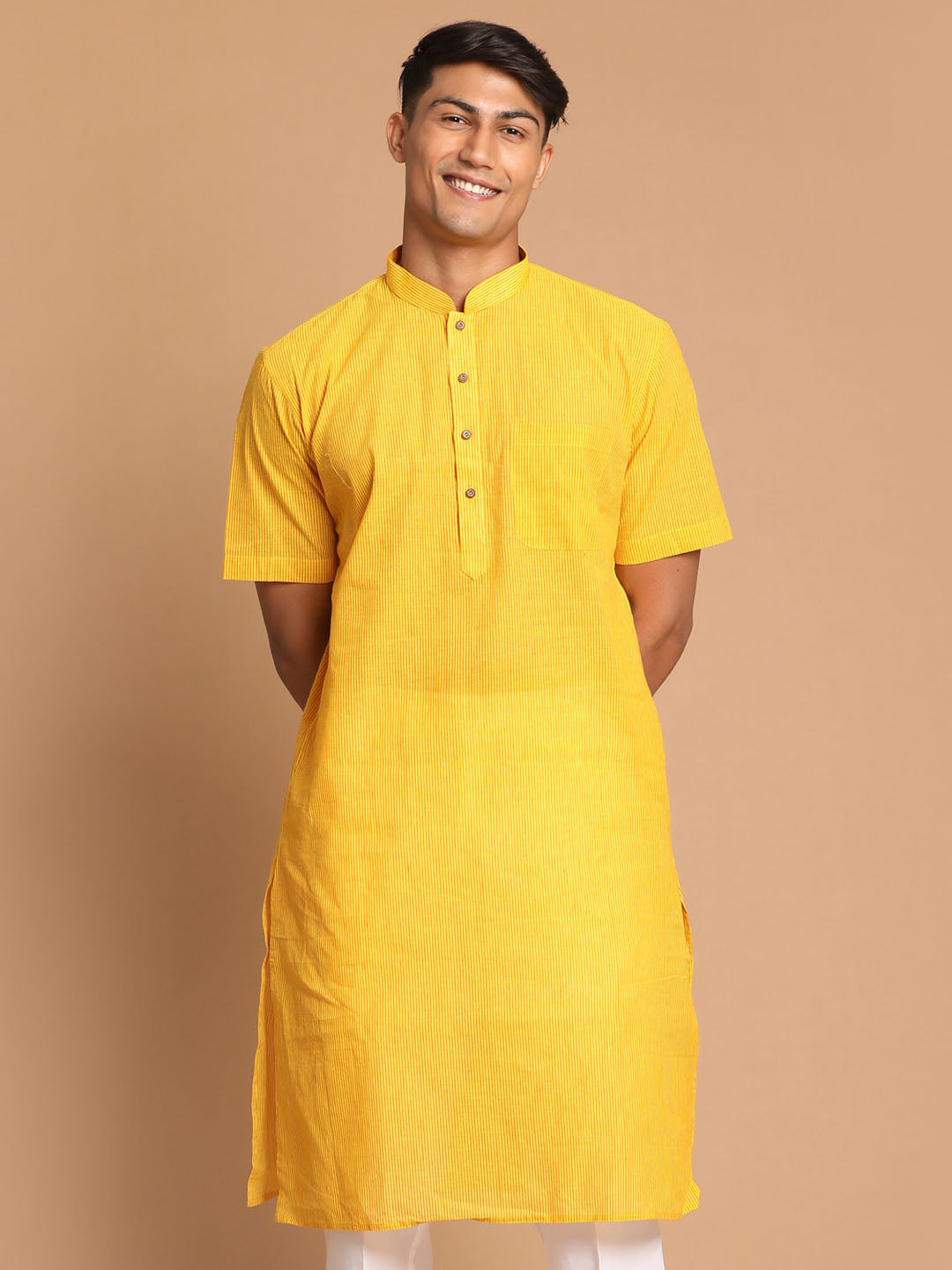 Vastramay Men's Yellow Striped Pure Cotton Kurta