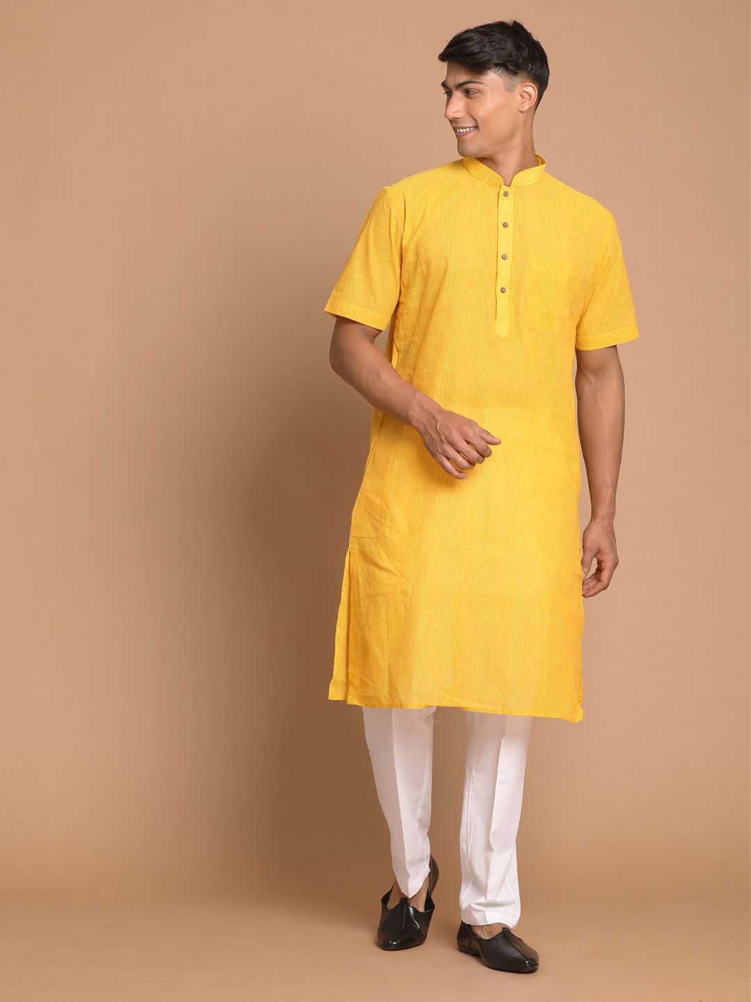 Vastramay Men's Yellow Striped Pure Cotton Kurta