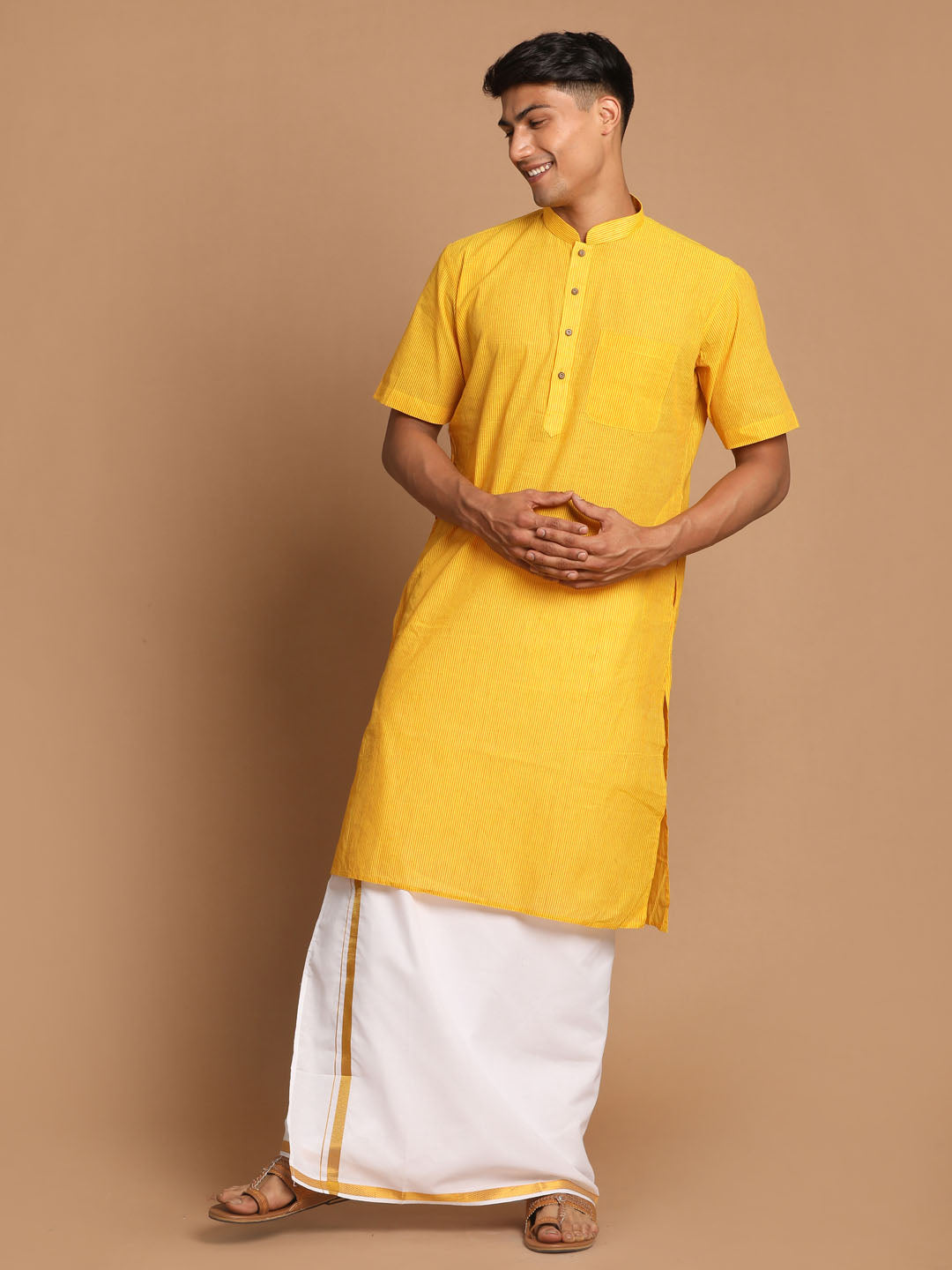 Vastramay Men's Yellow Pure Cotton Striped Kurta And Mundu Set