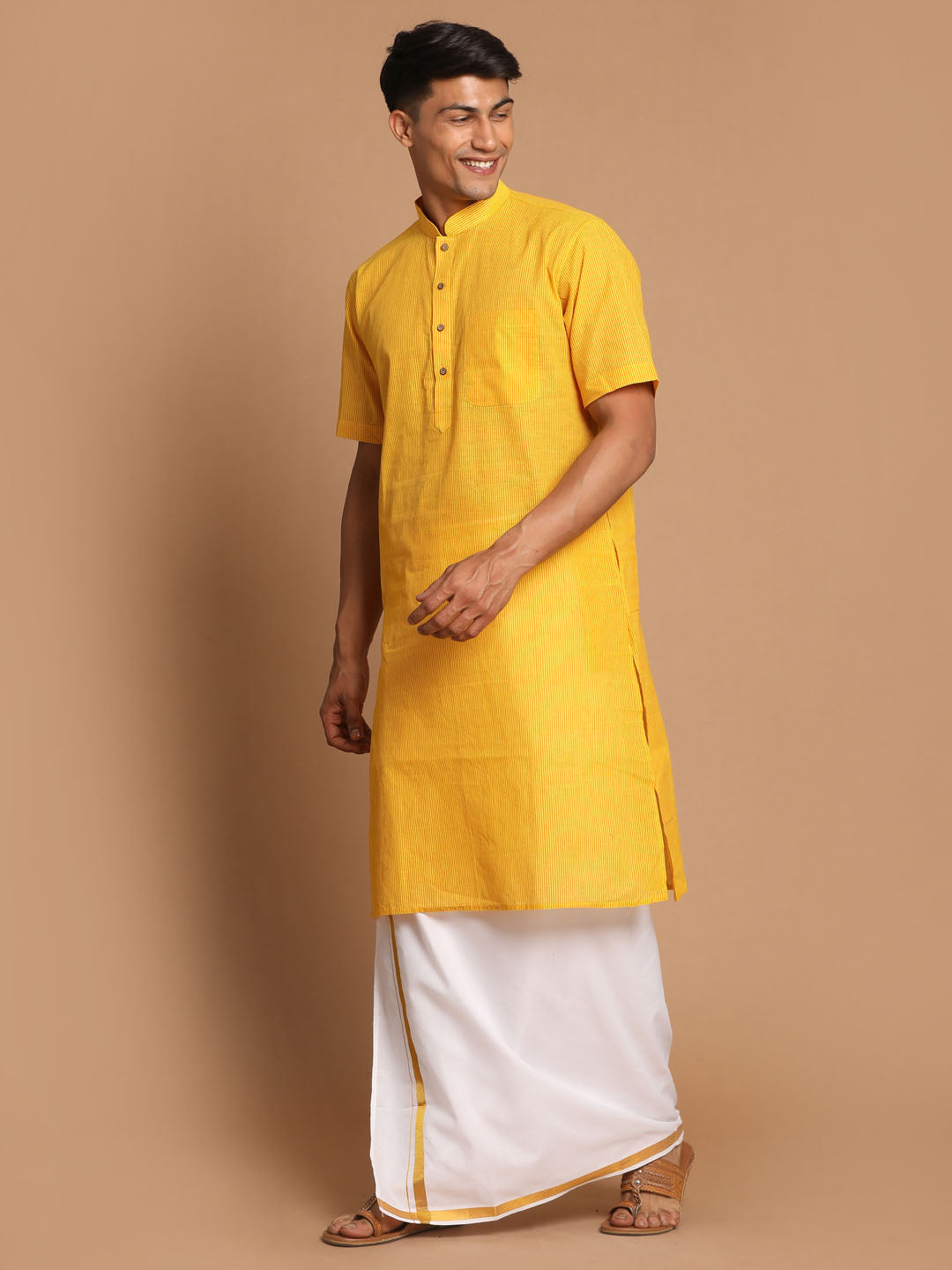 Vastramay Men's Yellow Pure Cotton Striped Kurta And Mundu Set