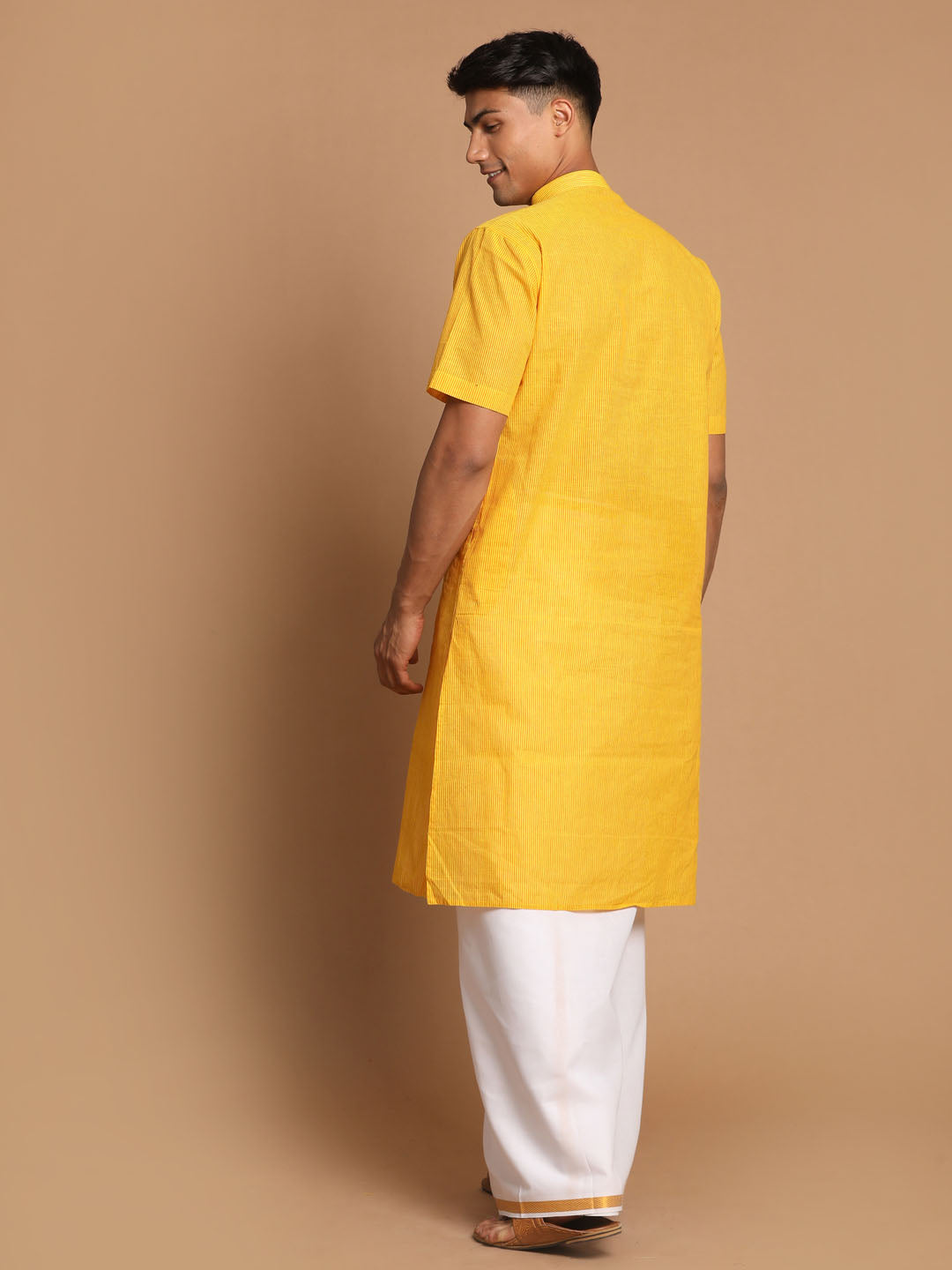 Vastramay Men's Yellow Pure Cotton Striped Kurta And Mundu Set